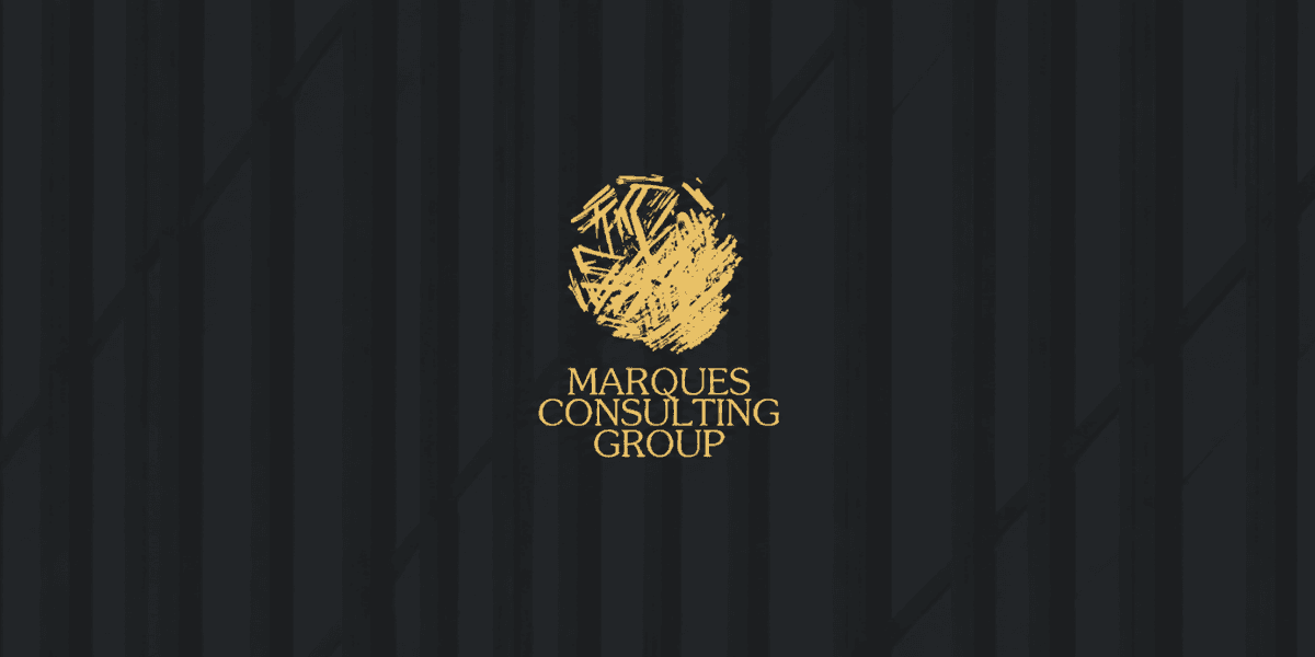 Logo of Marques Consulting Group with a stylized golden graphic on a dark background