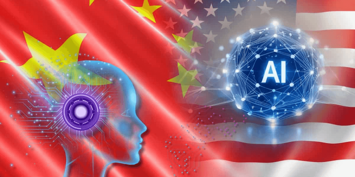 Illustration of AI concepts with Chinese and American flags in the background