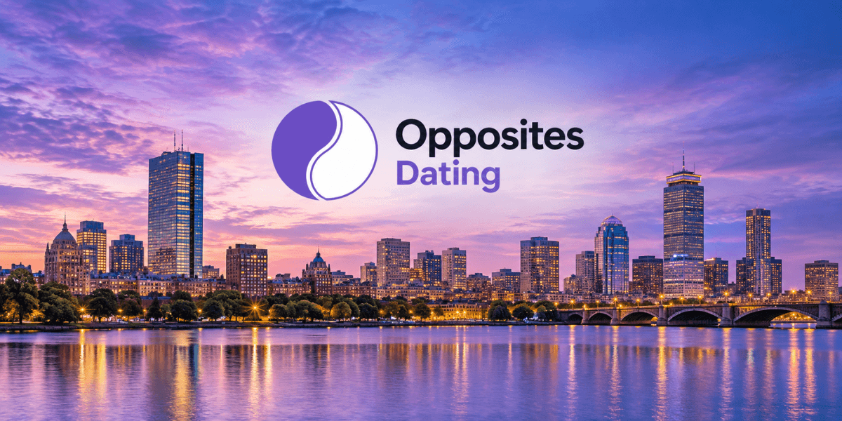 City skyline at sunset with "Opposites Dating" logo in the foreground.