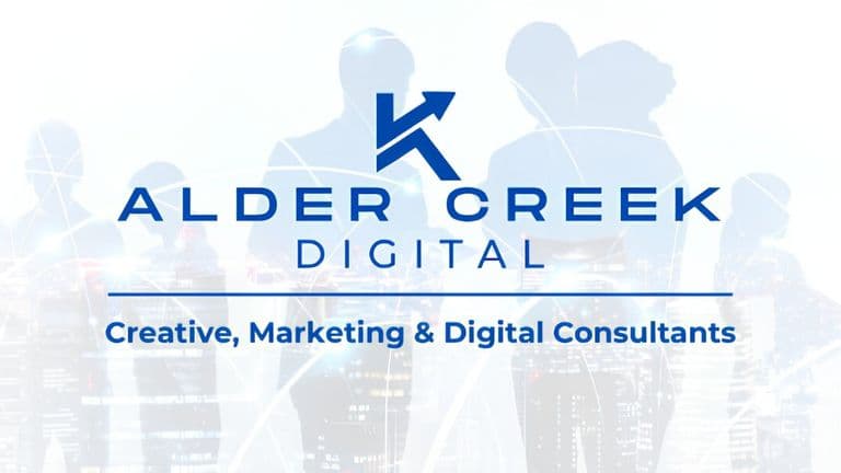 Alder Creek Digital logo over business silhouettes with “Creative, Marketing & Digital Consultants” text.