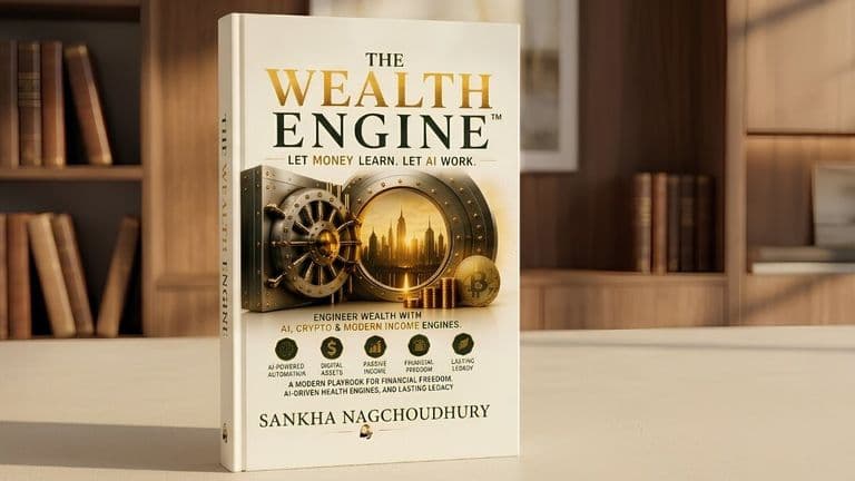 The Wealth Engine book by Sankha Nagchoudhury displayed upright against wooden bookshelves.