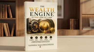 The Wealth Engine book by Sankha Nagchoudhury displayed upright against wooden bookshelves.