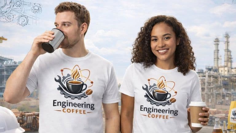 Two people in Engineering Coffee shirts holding drinks with industrial structures and equipment in the background.