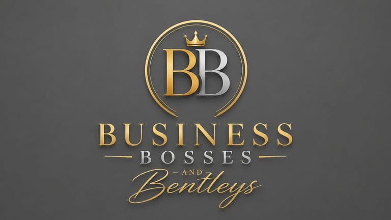 Business Bosses & Bentleys logo with gold and silver lettering, BB monogram, and crown on a dark background.