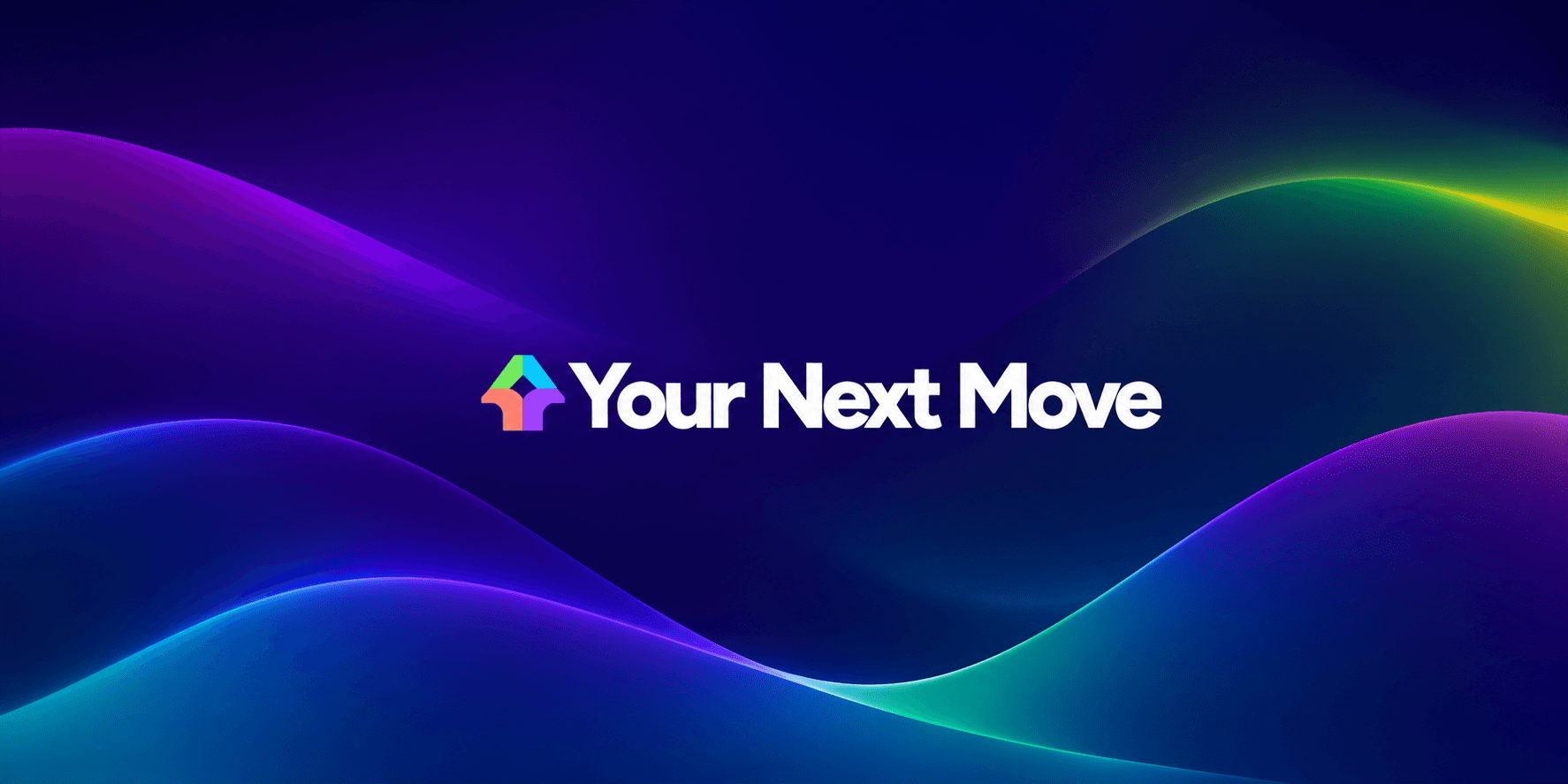 Your Next Move logo on a dark gradient background with colorful abstract wave graphics.