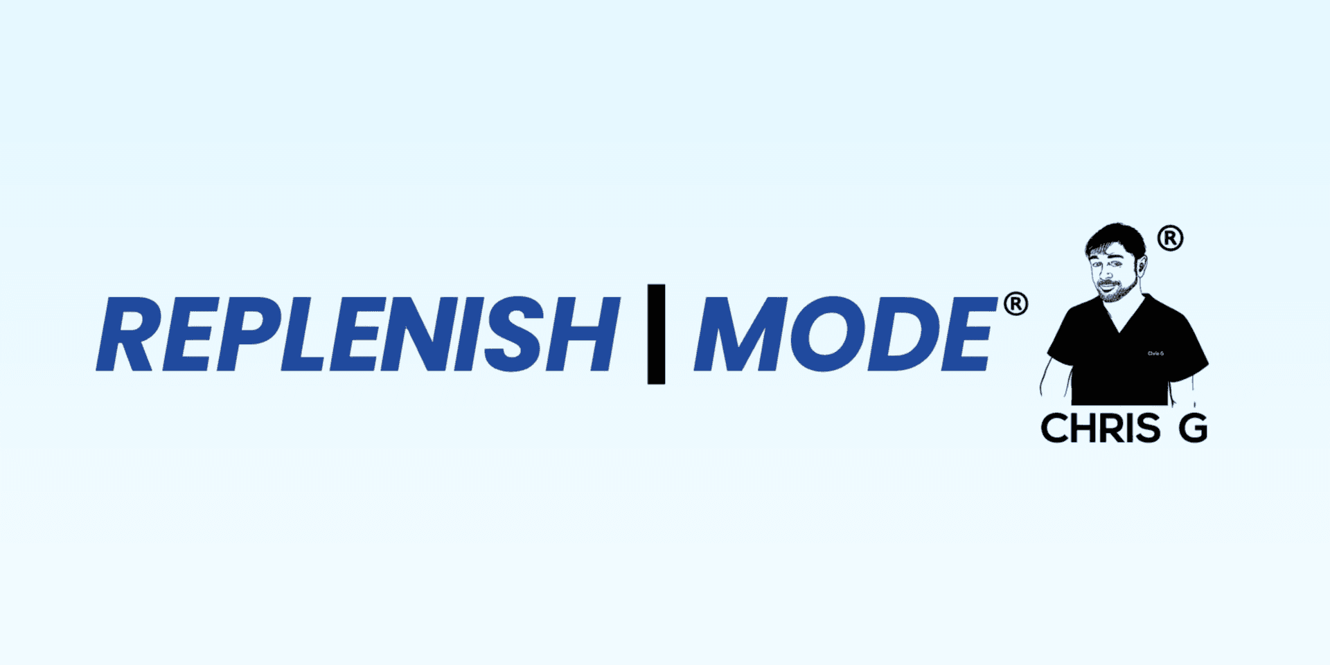REPLENISH | MODE wellness brand logo with Chris Gibson promoting holistic skin health and nutrition.