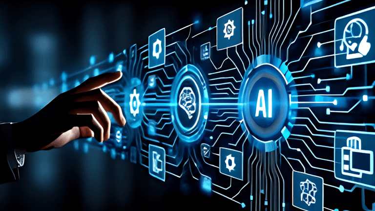 Hand reaching toward a digital AI interface with interconnected technology, data, and automation icons.