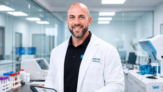 Blair Mercer wearing a PRYM Wellness lab coat in a clinical laboratory with testing equipment.