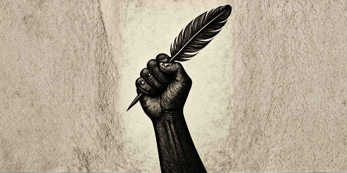 "Illustration of a raised fist holding a quill, symbolizing the power of words and the fight for racial justice."
