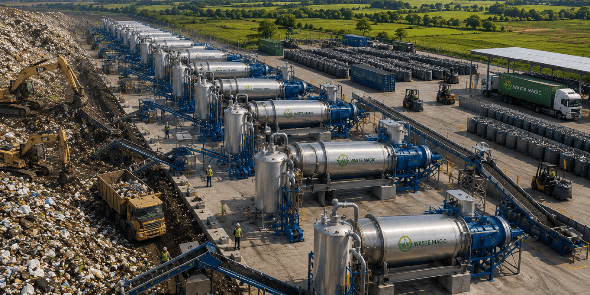 Aerial view of waste processing facility with large tanks and machinery among trash piles