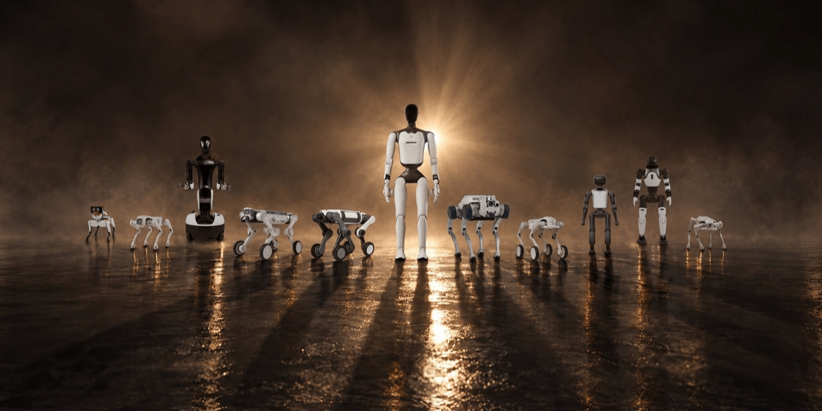 A lineup of various robots standing in a dim, atmospheric setting with glowing light