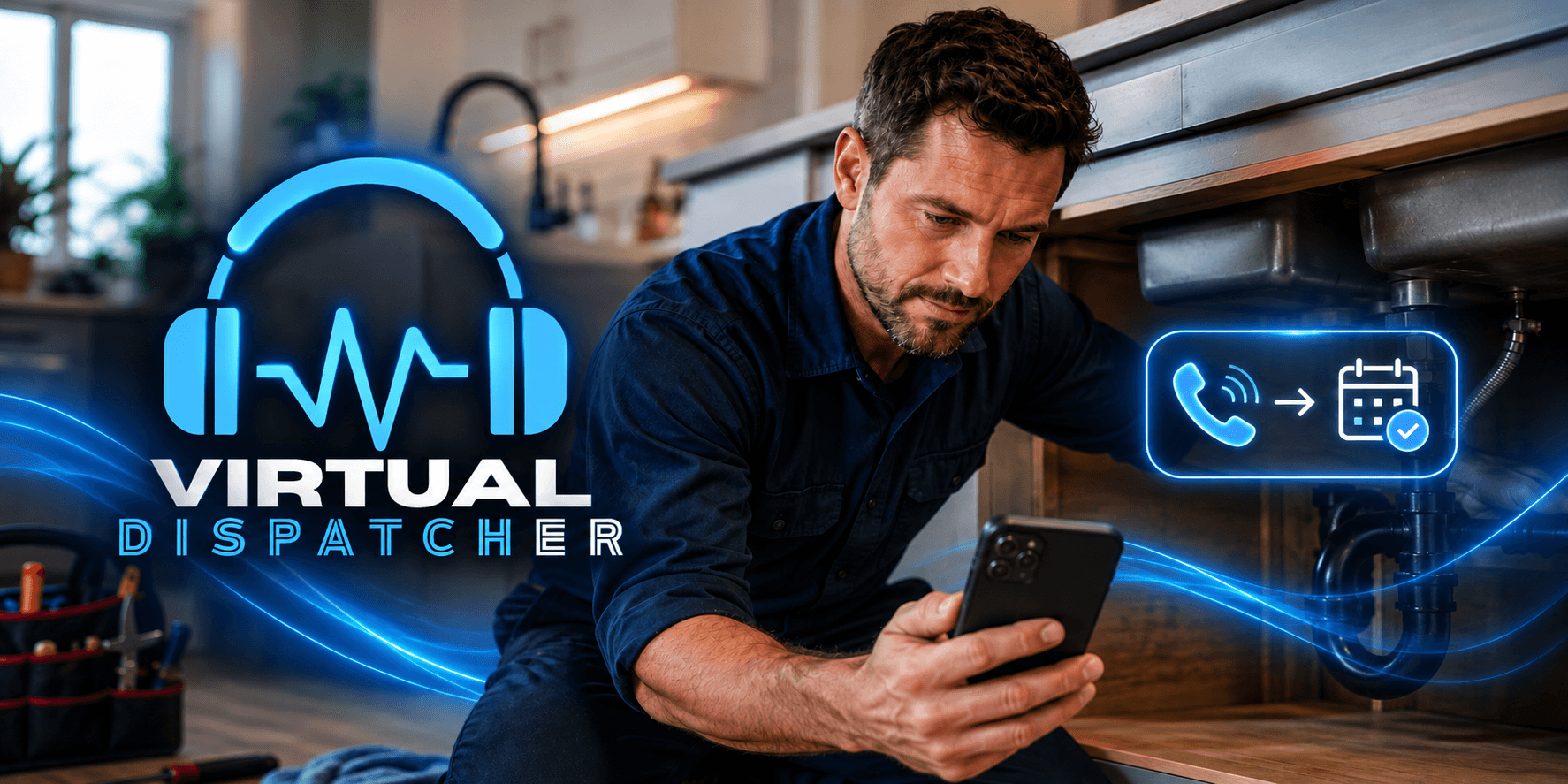Man using a smartphone under a kitchen sink with virtual dispatcher graphics