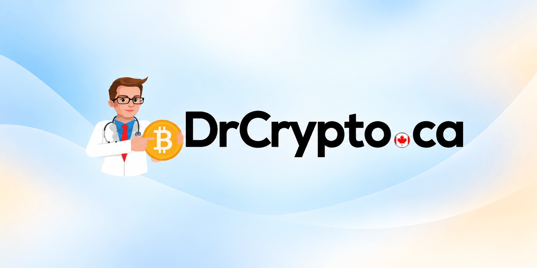 Logo for DrCrypto.ca featuring a cartoon doctor holding a Bitcoin symbol on a gradient background