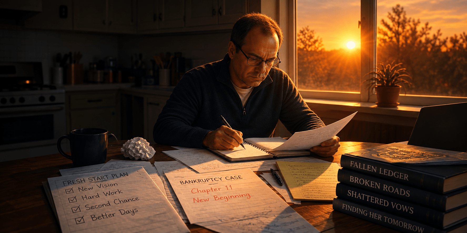 Man reviewing documents at a table with a sunset in the background