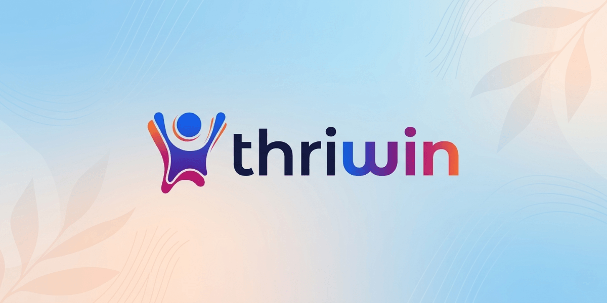 Thriwin logo with colorful human figure icon and gradient text on a soft blue background.