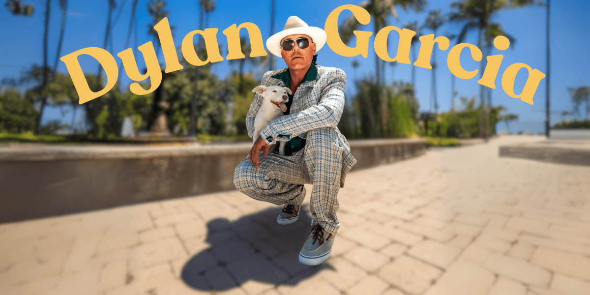 A stylish image of Dylan Garcia, a soulful artist, with his dog, reflecting his music and mental health advocacy.