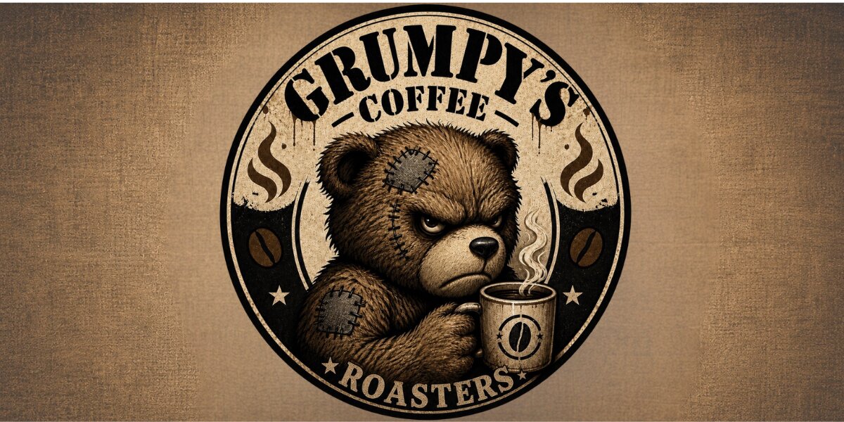 Vintage-style Grumpy’s Coffee Roasters logo featuring grumpy teddy bear holding steaming coffee mug.