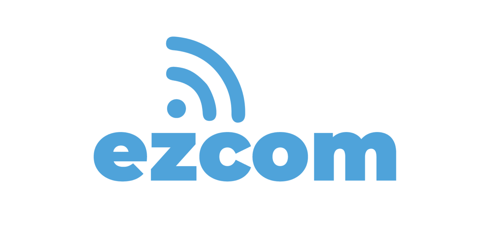 EZ-COM logo, featuring blue text with wireless signal icon, representing the company's innovative quad-carrier mobile internet solution.