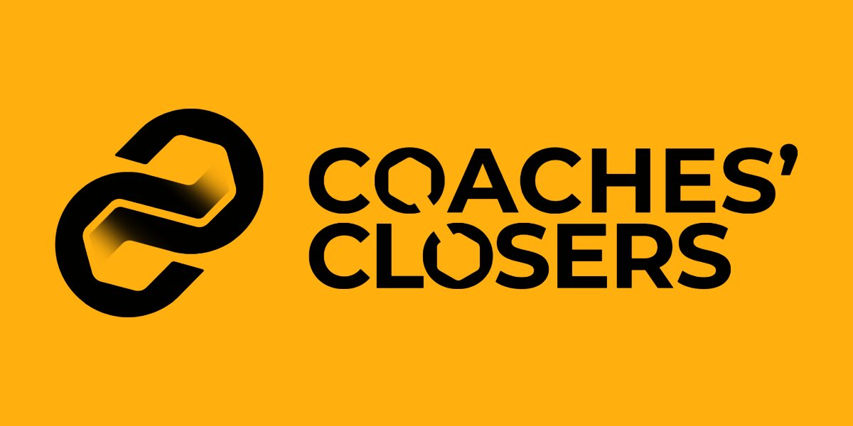 Coaches' Closers logo on yellow background with stylized chain icon and bold black text.