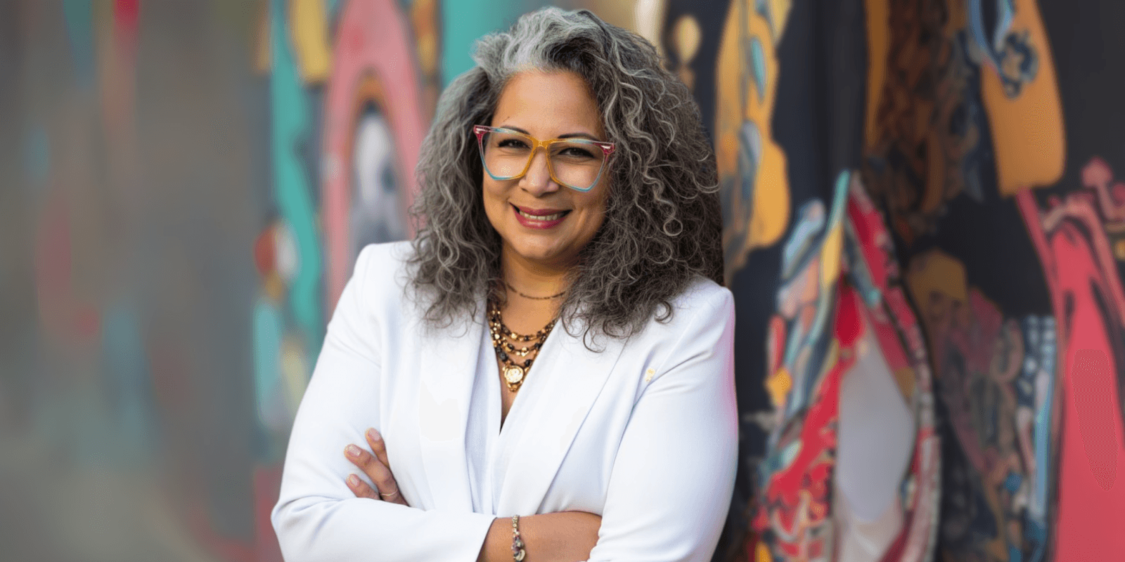 Confident Dr. Myra Roldan, Latina AI leader, poses smiling in white blazer, colorful glasses, showcasing UnDesto AI’s strategic transformation mission.