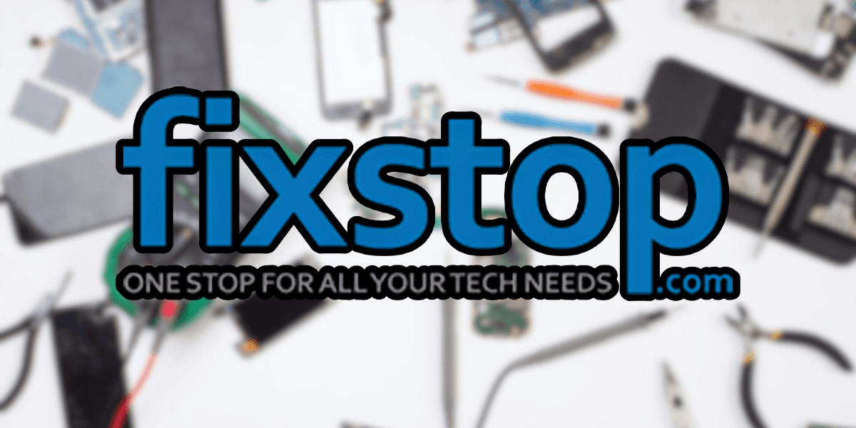 FixStop logo with tech repair tools in the background, representing expert repair services.