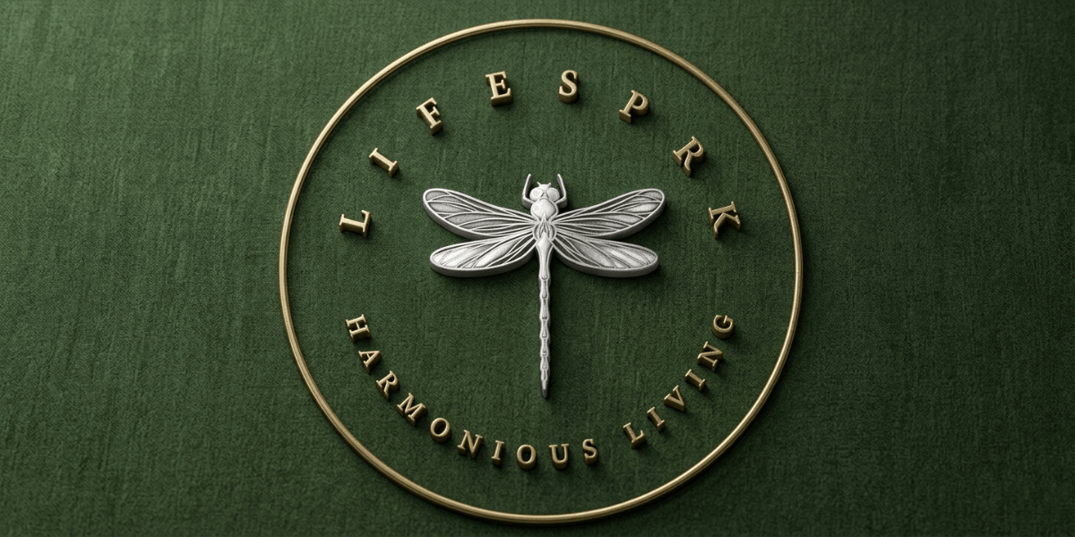 LifeSprk Harmonius Living logo featuring a dragonfly within a circular emblem on textured green background.