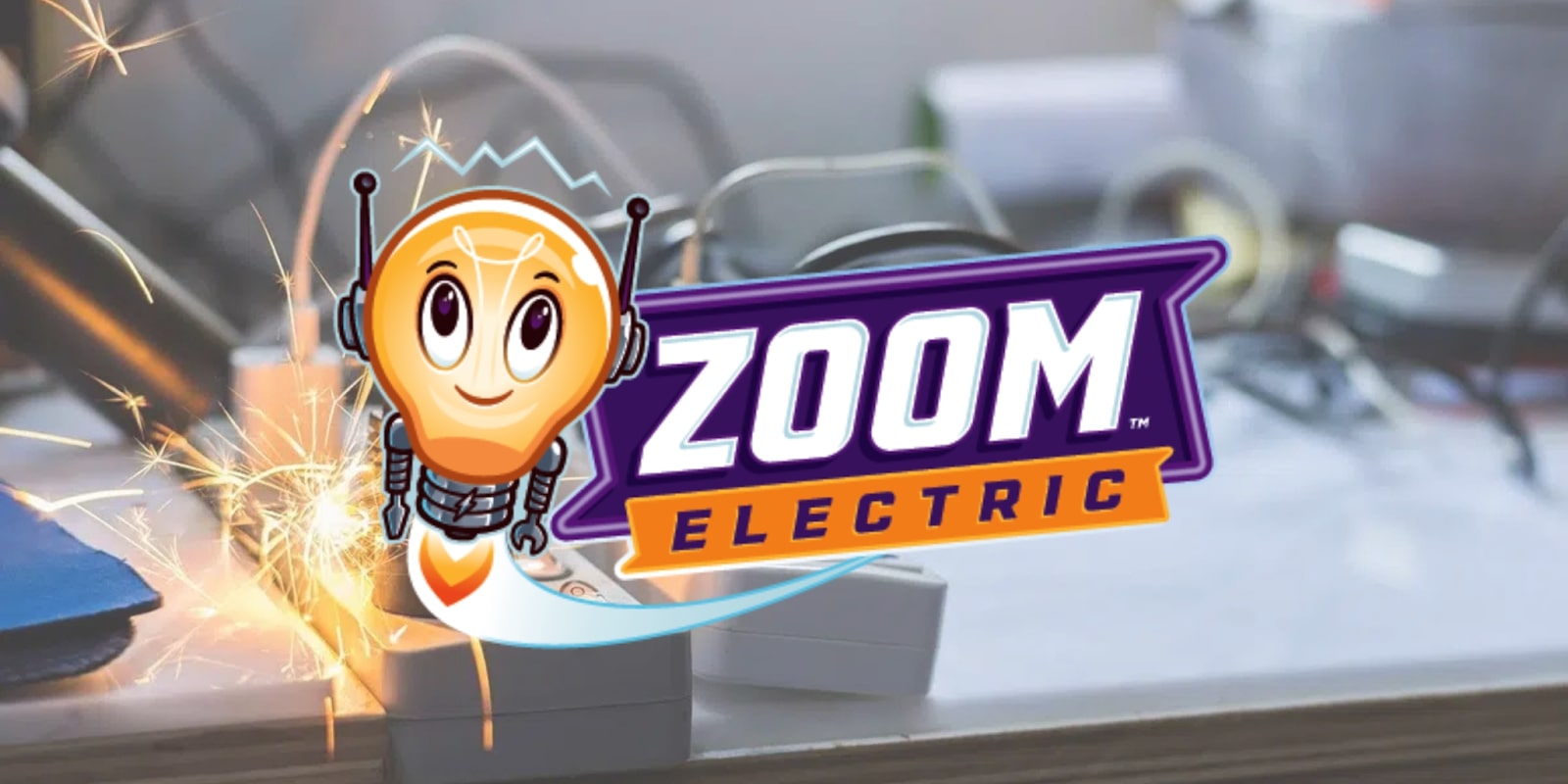 Zoom Electric logo with a cartoon lightbulb character over a background of electrical wires and sparks in Vancouver.