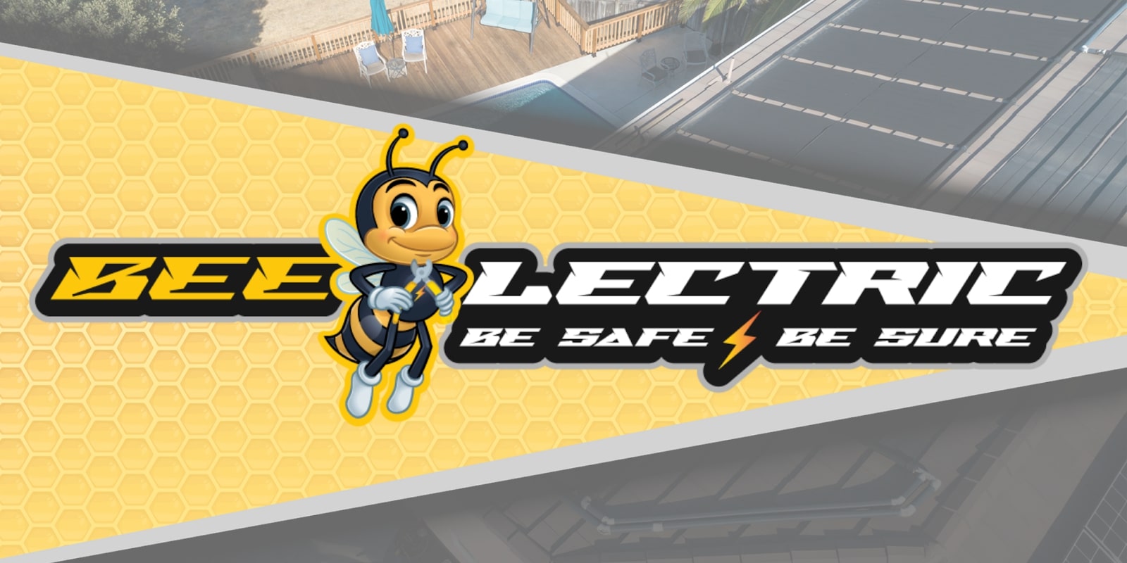 logo for Bee-Lectric, featuring a cartoon bee mascot, yellow hexagonal background, and tagline "Be Safe, Be Sure."