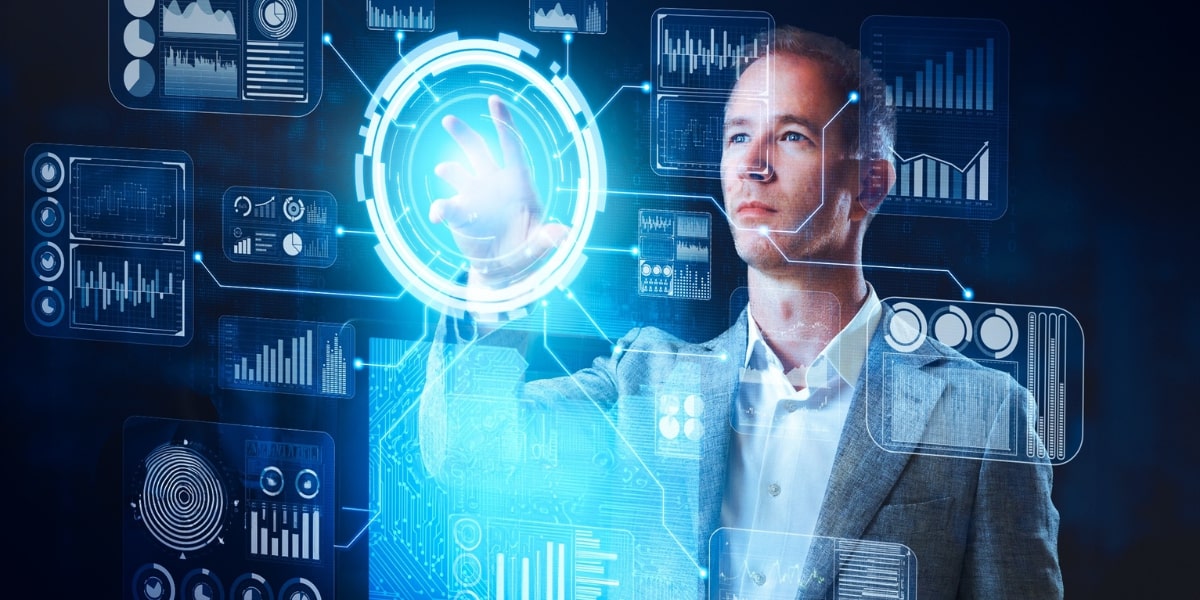 a professional using advanced technology and data analytics, symbolizing clarity and insights in trading.