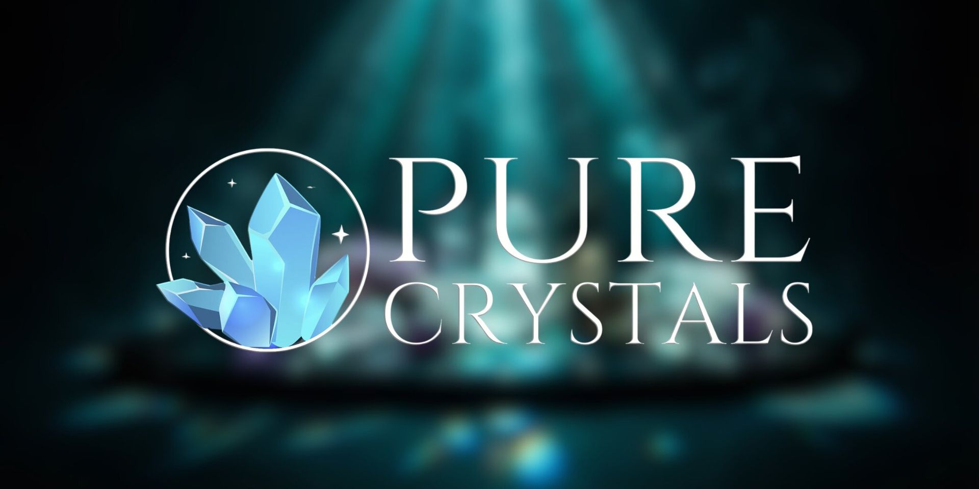 "Logo of Pure Crystals, featuring translucent blue crystals in a circle on the left. White text on a dark background, illuminated by a spotlight."