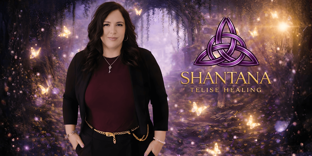 Shantana Telise standing in a mystical forest, promoting her spiritual healing services.