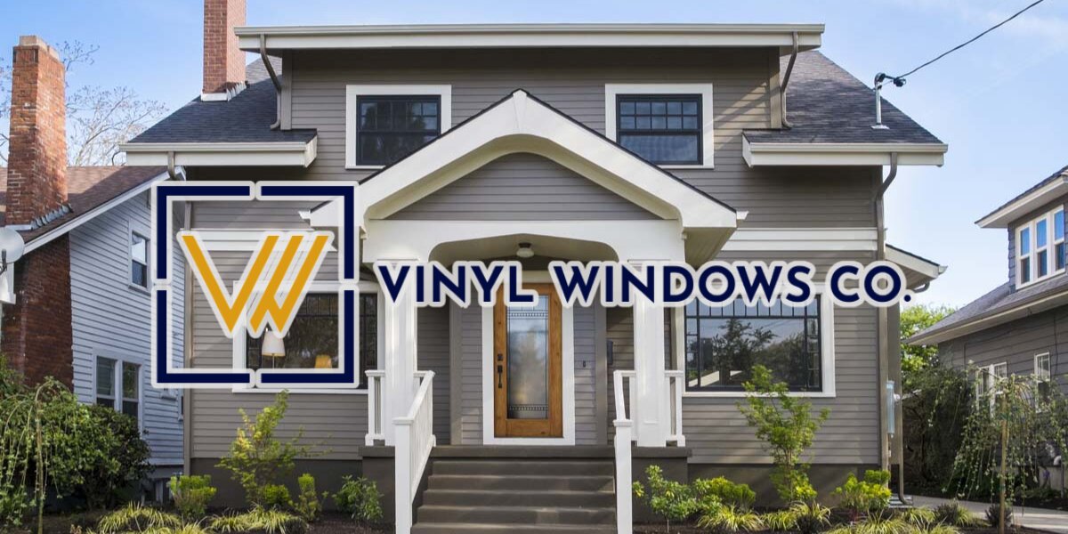 Vinyl Windows Co logo displayed over a modern home showcasing vinyl window installations designed for residential renovations and performance.