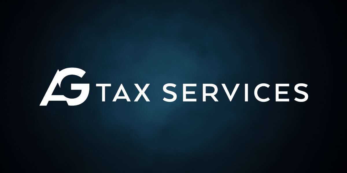 AG Tax Services logo in white against a dark blue gradient background.