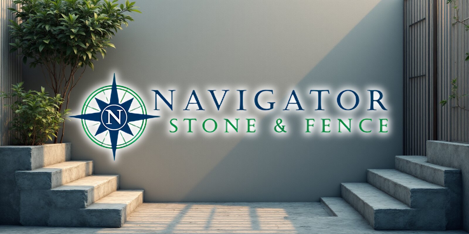 "Modern outdoor space with concrete steps on either side, leading to a wall displaying 'Navigator Stone & Fence' in bold letters beside a compass logo."