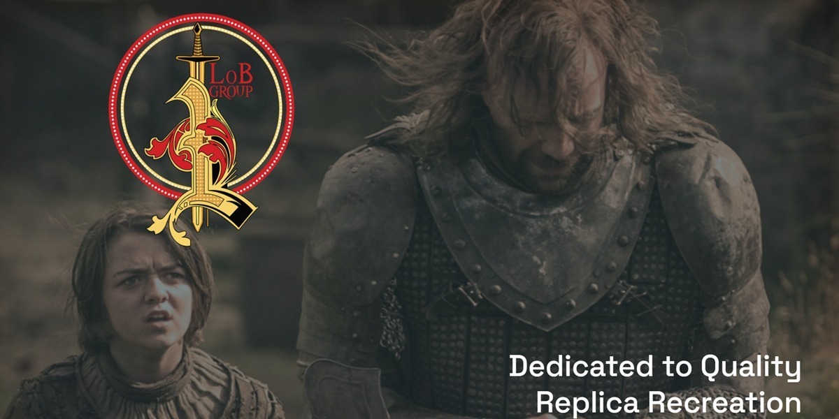 Medieval warrior kneels beside young companion in battle armor beneath Lord of Battles Group branding.