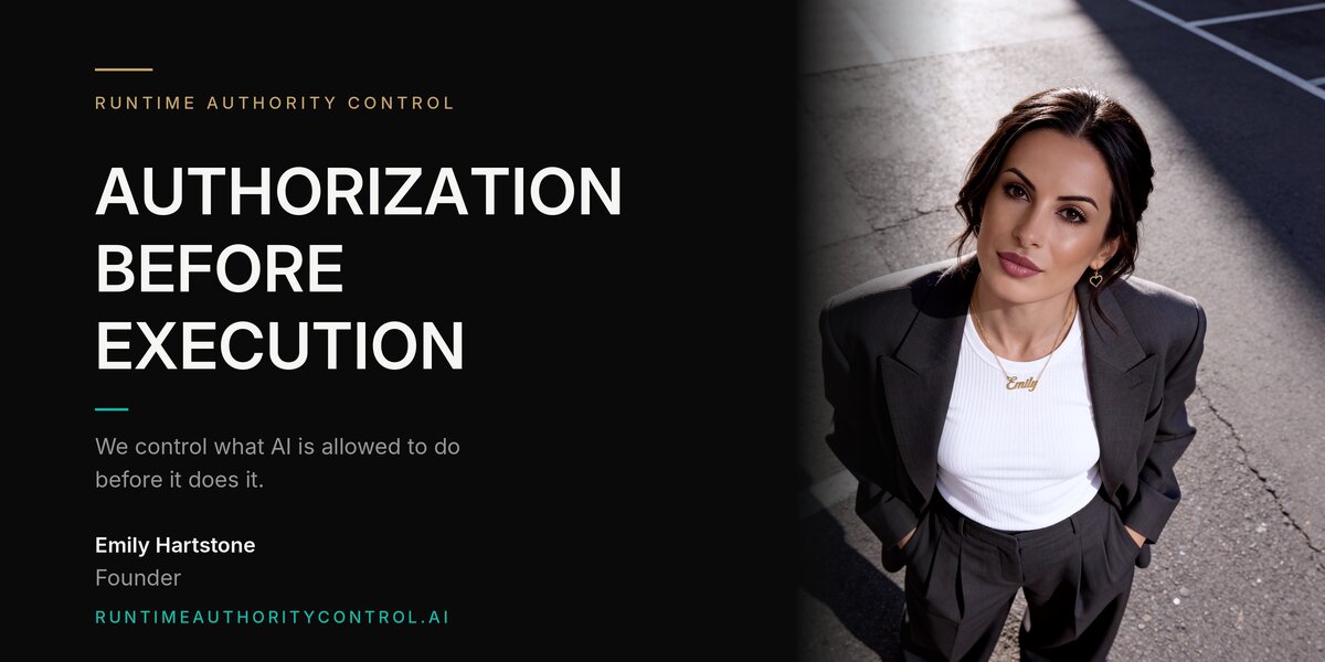 Runtime Authority Control graphic with Emily Hartstone and authorization before execution message.