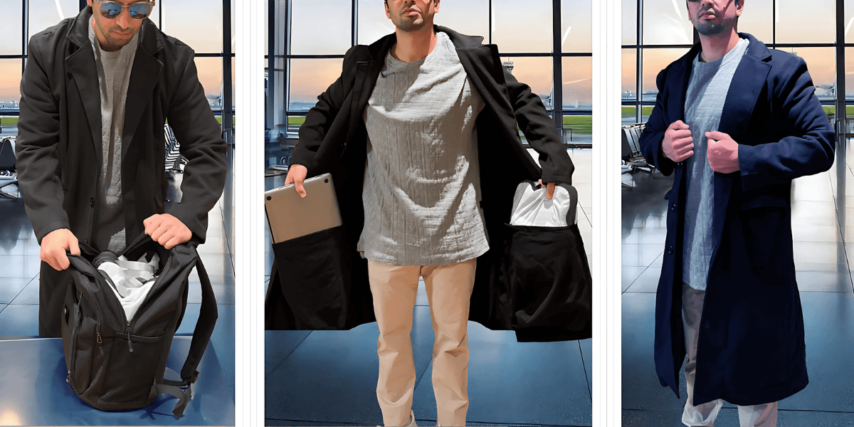 Man uses coat with large hidden pockets to store items, avoiding carry-on fees at the airport.