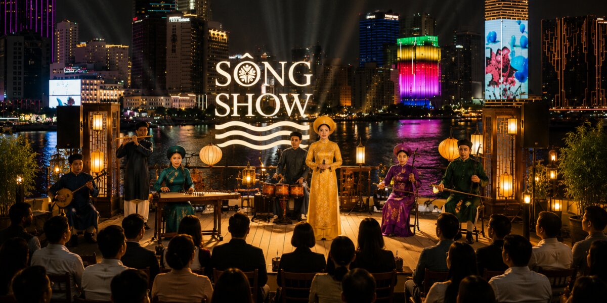 Traditional Vietnamese music performance aboard Saigon River cruise with city skyline glowing behind audience.