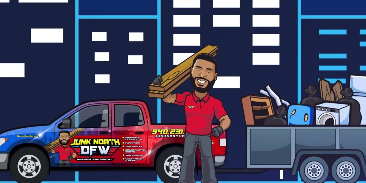 Cartoon man in a red shirt holds wooden planks, smiling, standing by a truck and trailer filled with junk. Background: stylized cityscape.