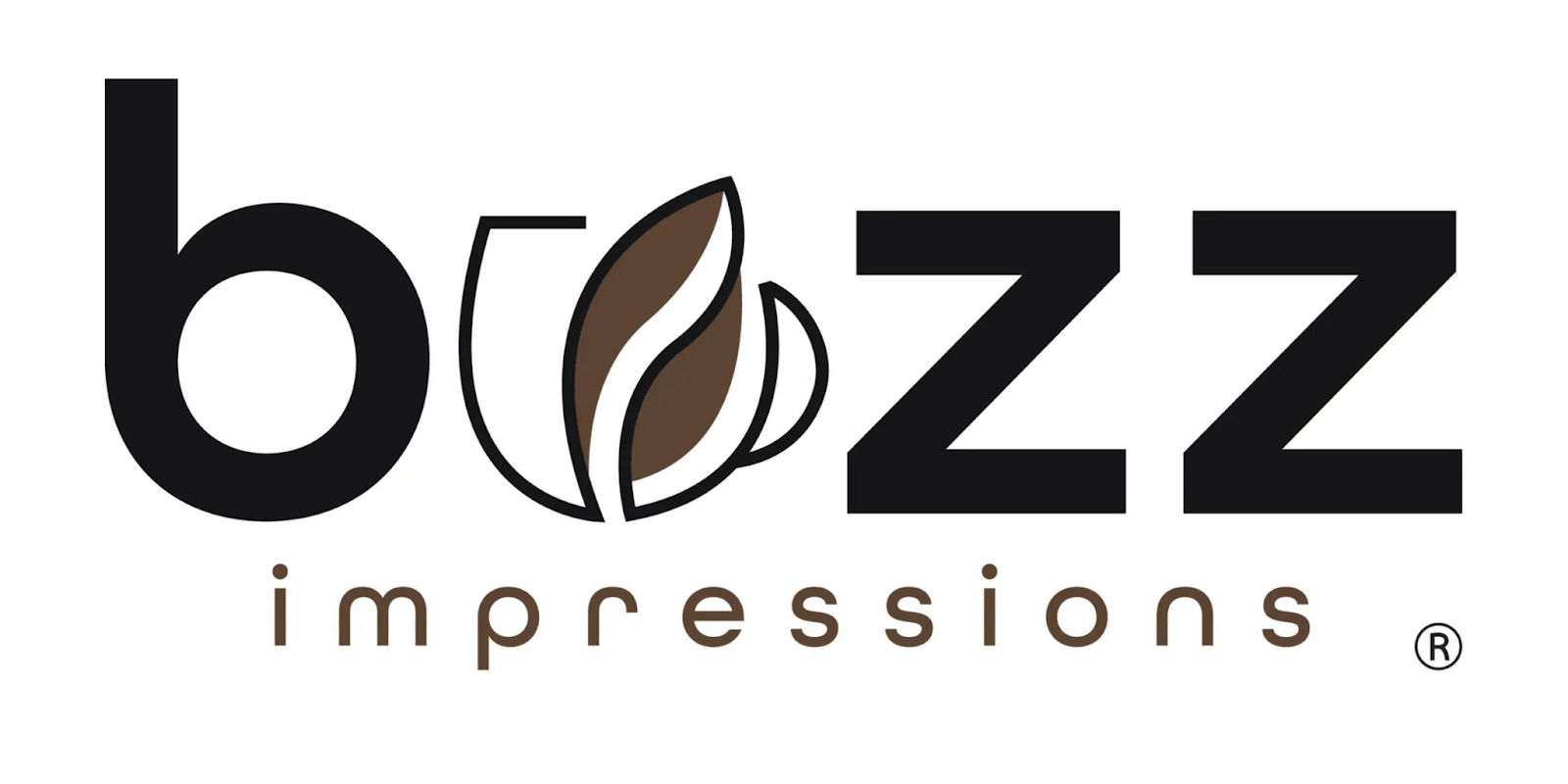"Buzz Impressions logo featuring a blend of bold letters and an artistic coffee leaf, symbolizing memorable trade show experiences."