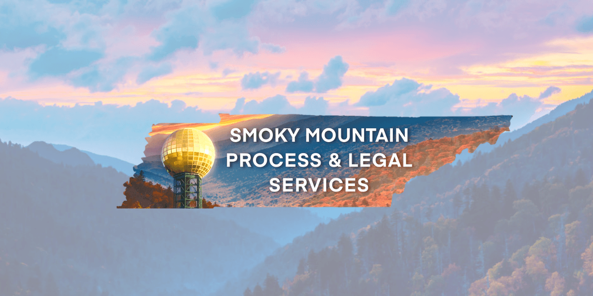 Smoky Mountain Process & Legal Services logo over scenic Smoky Mountains landscape at sunset.