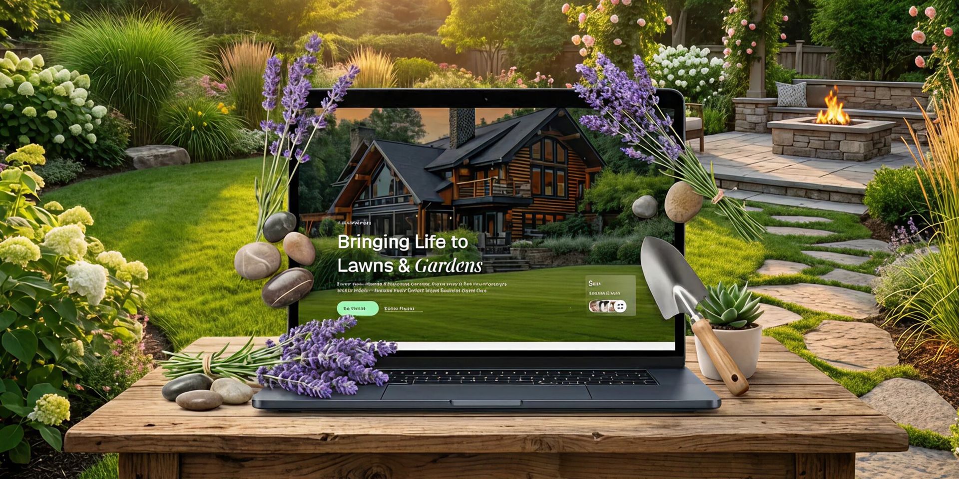 Laptop displaying landscaping website surrounded by flowers and garden tools in luxury backyard.