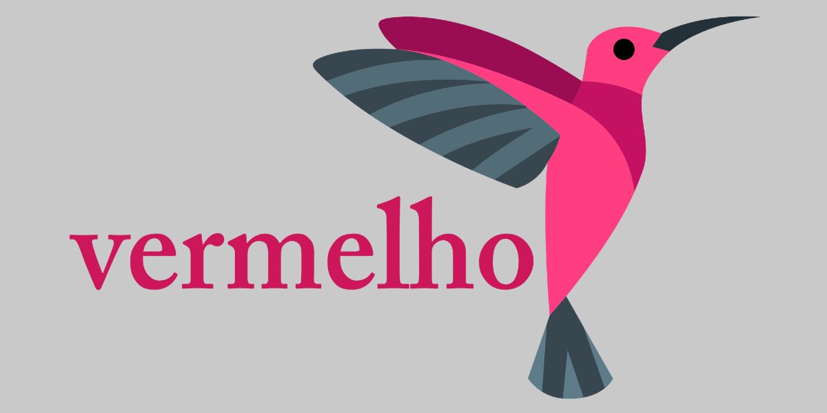 Pink hummingbird logo with “vermelho” text on light gray background.