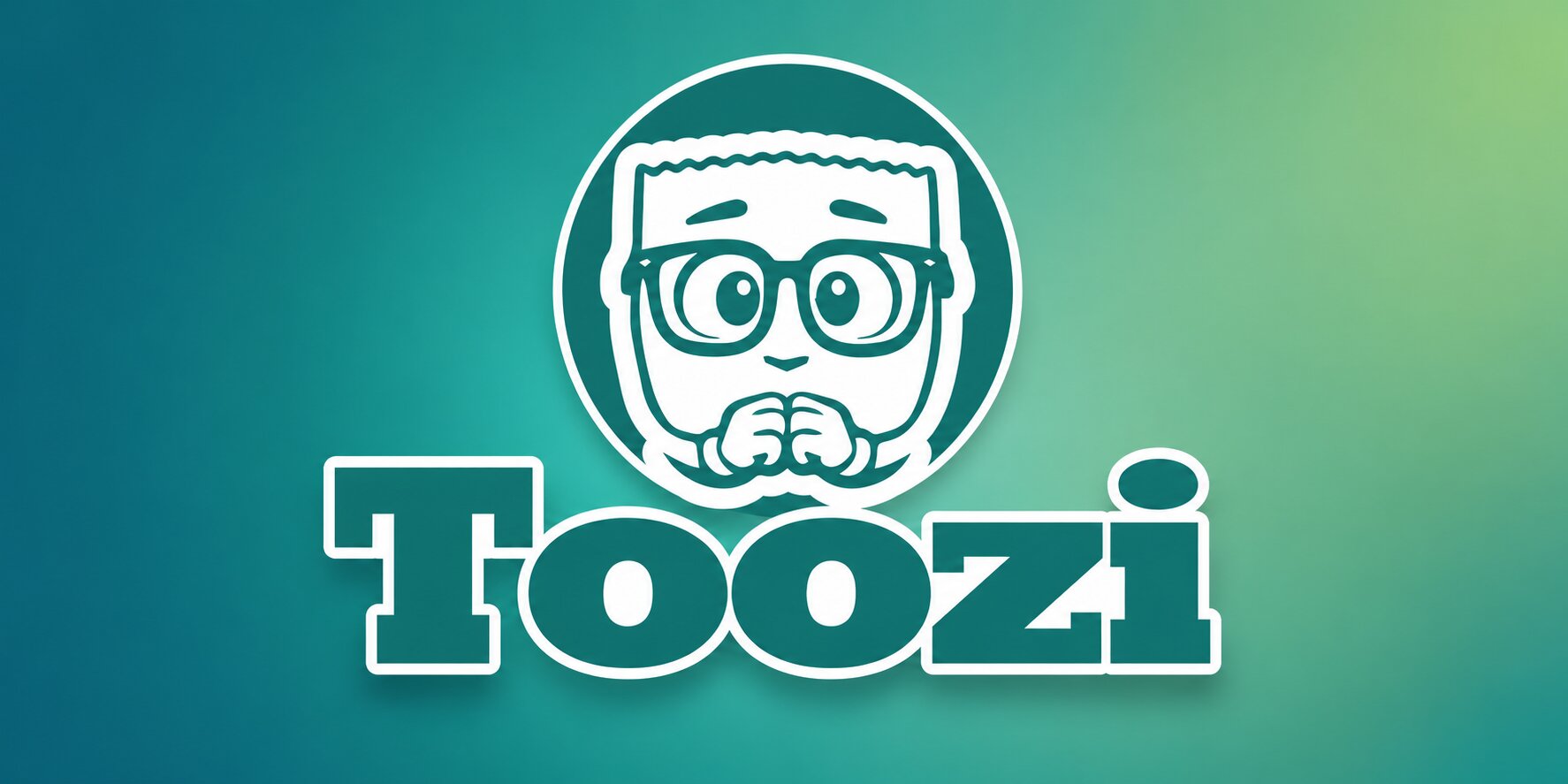 Toozi logo with bespectacled mascot on teal gradient background, representing SMS-based tax and bookkeeping assistance.