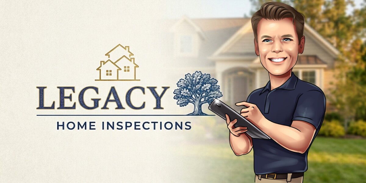 Legacy Home Inspections logo with illustrated home inspector holding a tablet in front of a house.