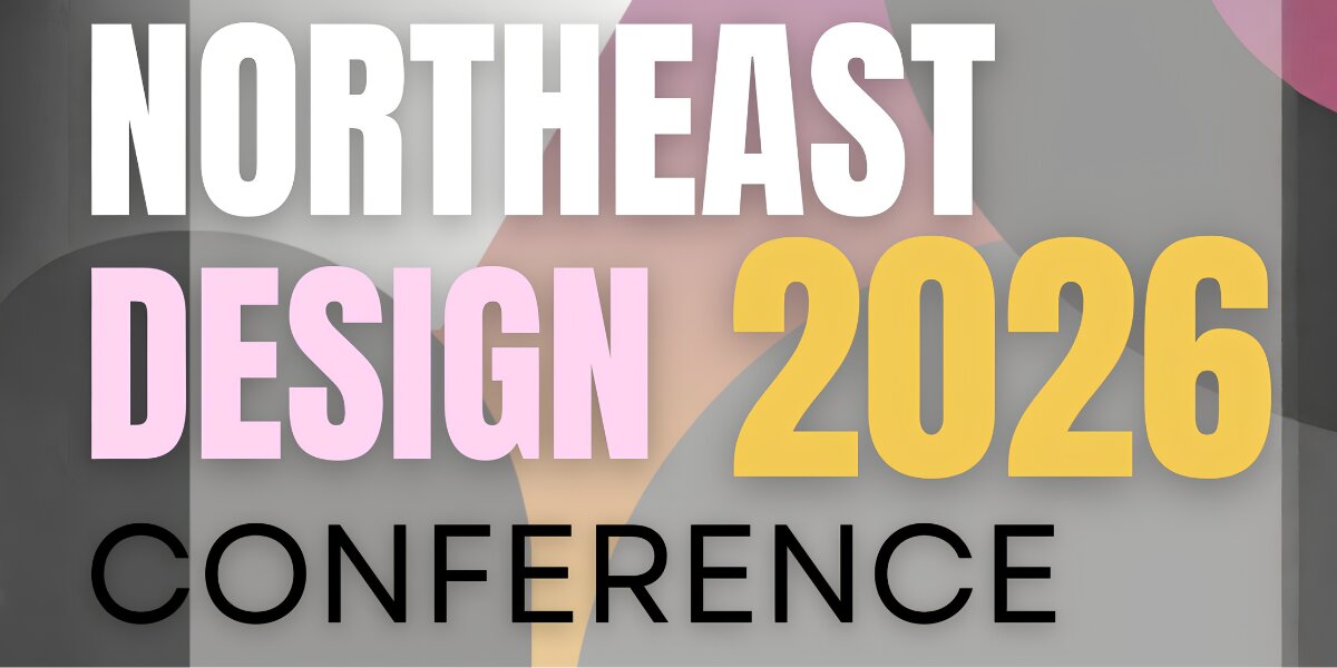 Northeast Design Conference 2026 logo with bold event title on a modern abstract background.