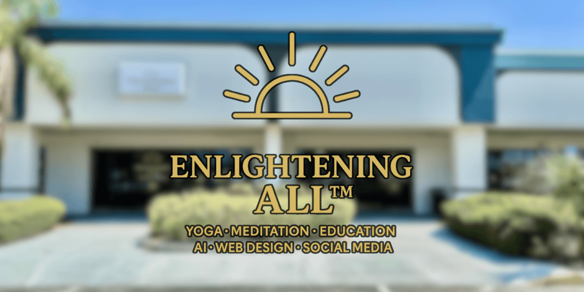 "ENLIGHTENING ALL logo represents a wellness and creative hub offering yoga, meditation, education, AI services, and digital marketing."