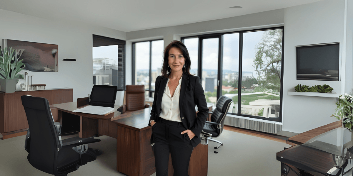 Carmen, founder of Simply Consulted, standing confidently in her modern office, offering career growth frameworks for professionals.