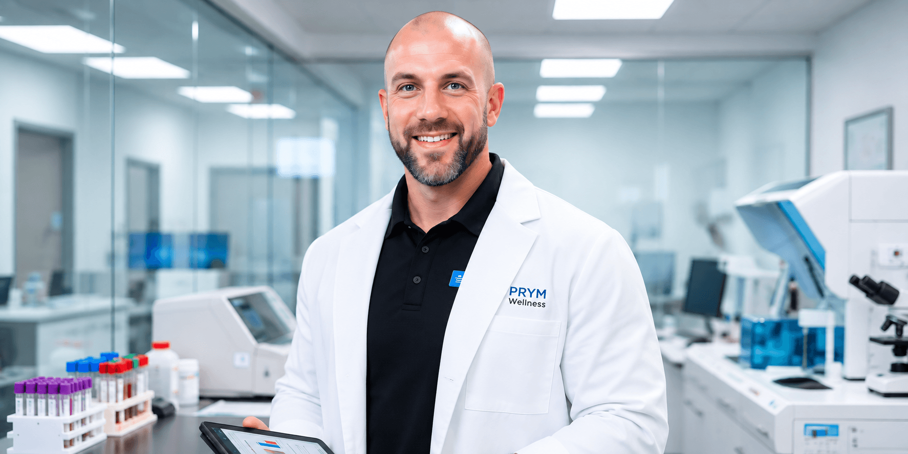 Blair Mercer wearing a PRYM Wellness lab coat in a clinical laboratory with testing equipment.