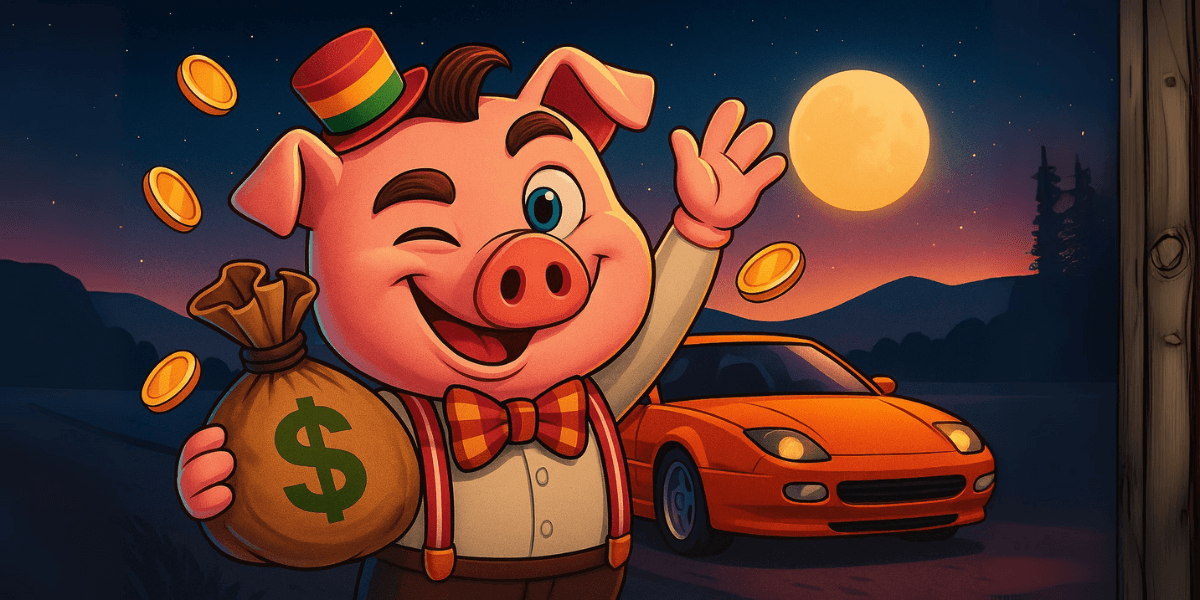 Cartoon pig character holding a money bag and smiling with flying coins in the air, standing in front of an orange car under a full moon, depicting success and wealth in a gaming-themed illustration.